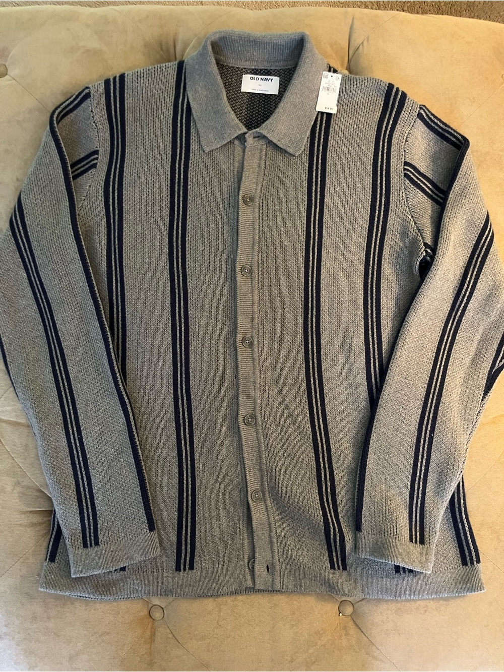 Old Navy Men's Gray Cardigan with Navy Stripe Detail